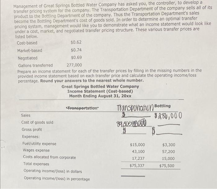 Great Springs Bottled Water Company has asked you, the controller, to develop