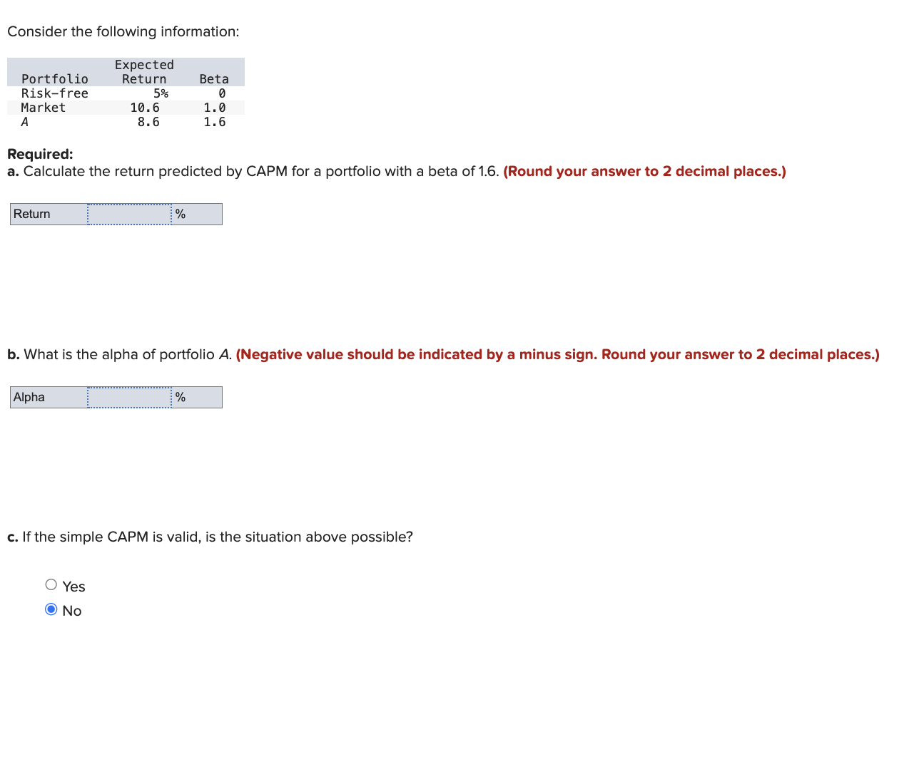  Consider the following information: Required: a. Calculate the return predicted by