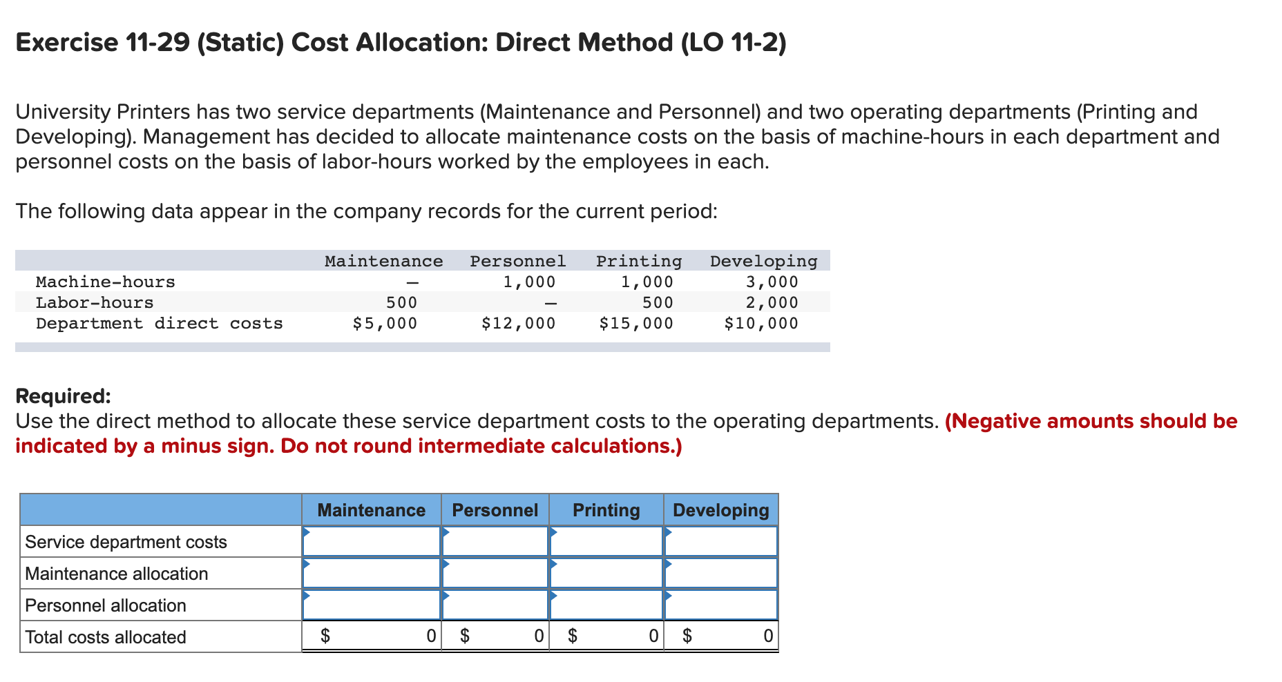  Exercise 11-29 (Static) Cost Allocation: Direct Method (LO 11-2) University Printers