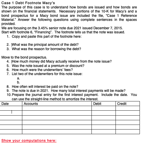  Case 1 Debt Footnote Macy's The purpose of this case is