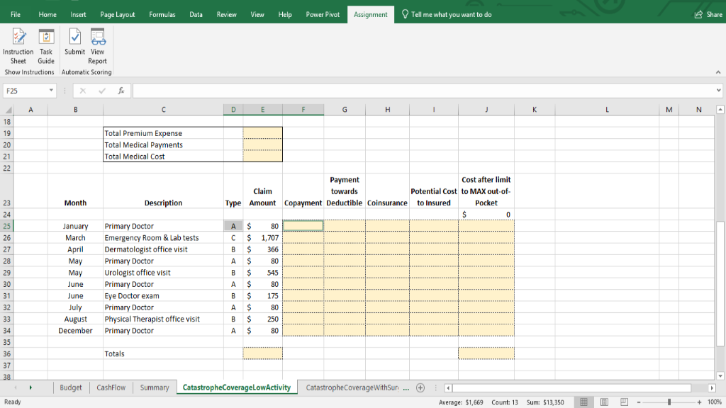 in cell F25 of the CatastropheCoverageLowActivity worksheet to determine the appropriate Copayment