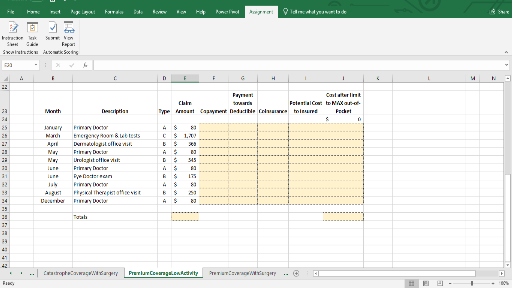complete the "Copayment" column of the table In cell G25 of the