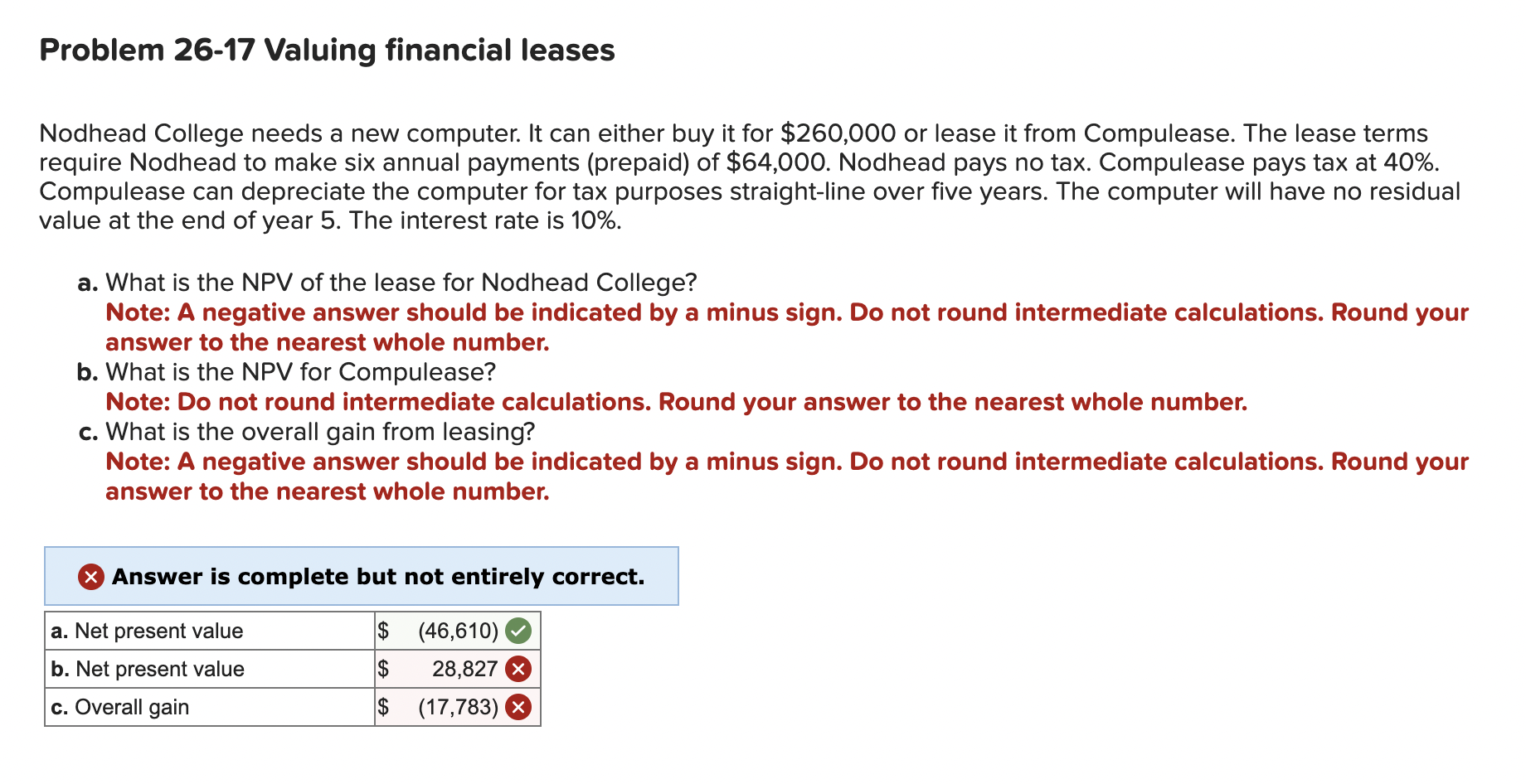  Problem 26-17 Valuing financial leases Nodhead College needs a new computer.