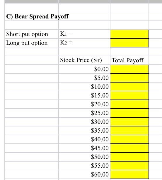 Using excel answer the following. Show formula please!! C) Bear Spread Payoff