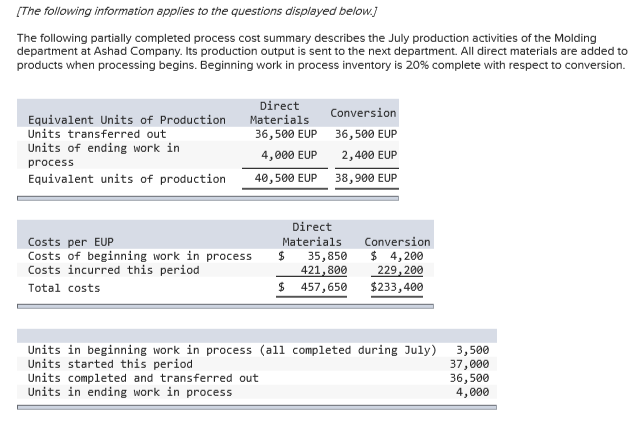  Prepare its process cost summary using the weighted average method. (Round