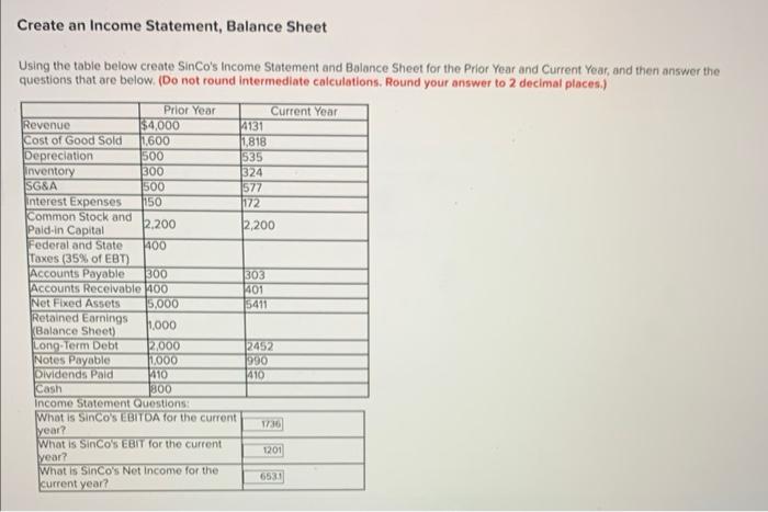 Please help Using the table below create SinCo's Income Statement and Balance