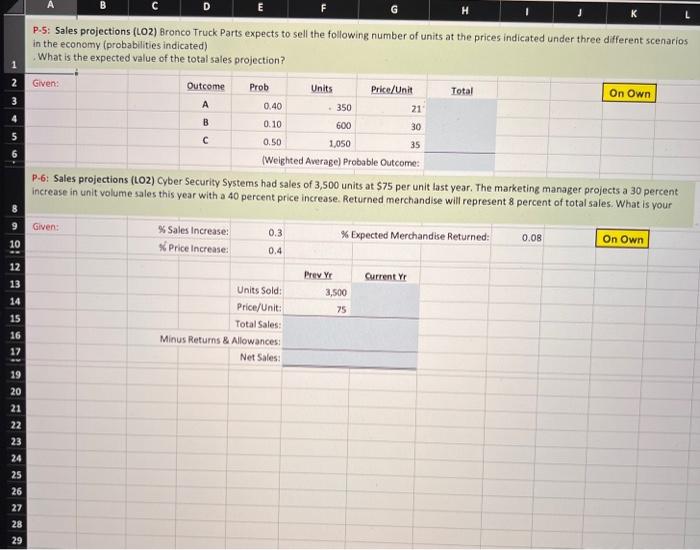conplete the problems using Excel formula P.5: Sales projections (LO2) Bronco Truck