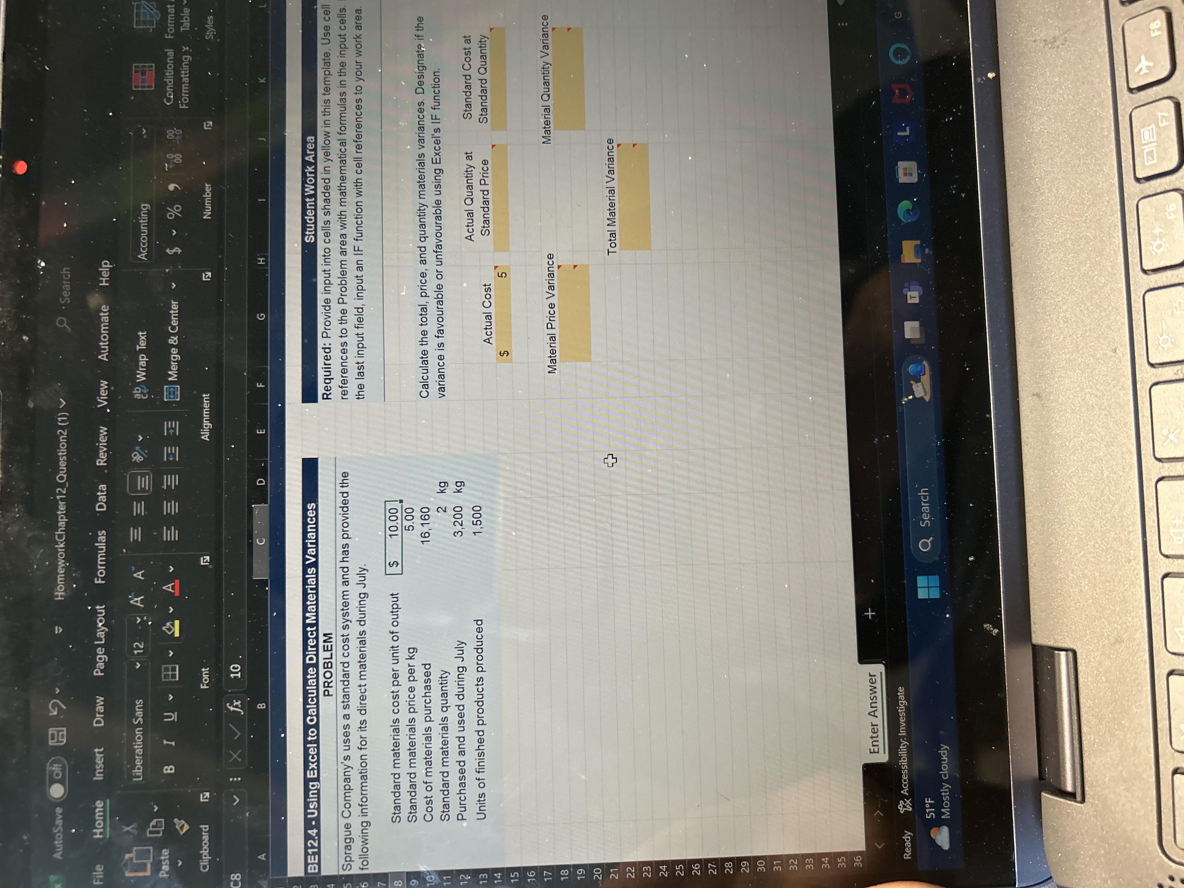  BE12.4- Using Excel to Calculate Direct Materials Variances PROBLEM Sprague Company's
