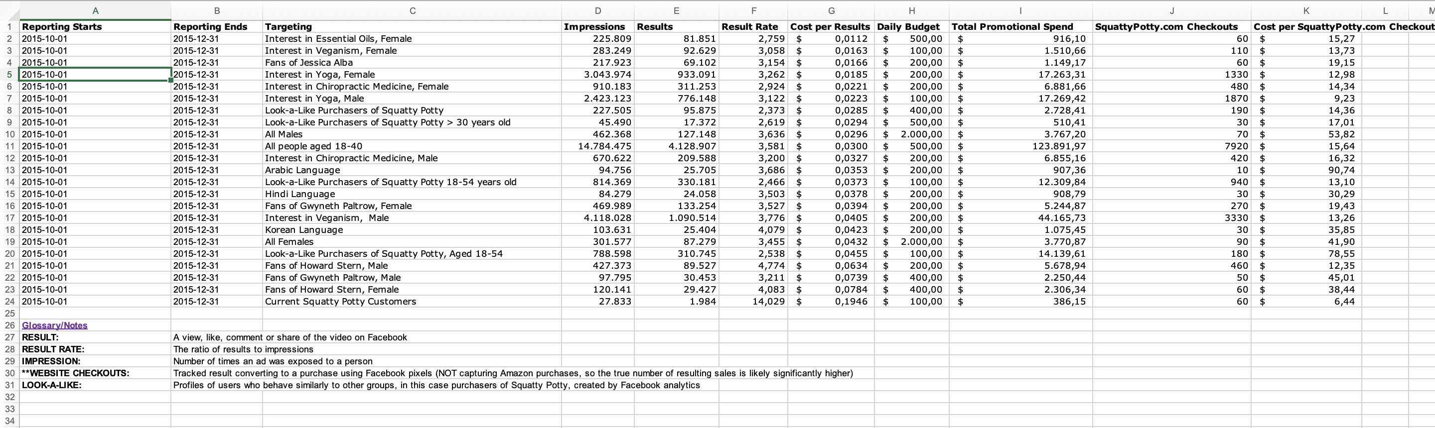 QUESTION: What does the Facebook Targeting information in the Excel spreadsheets