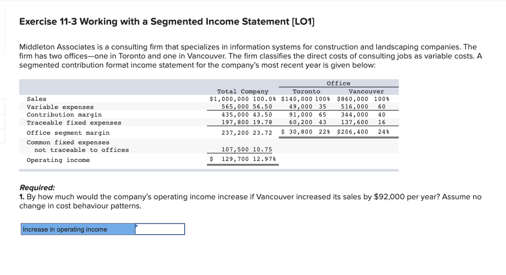  Exercise 11-3 Working with a Segmented Income Statement (LO1) Middleton Associates