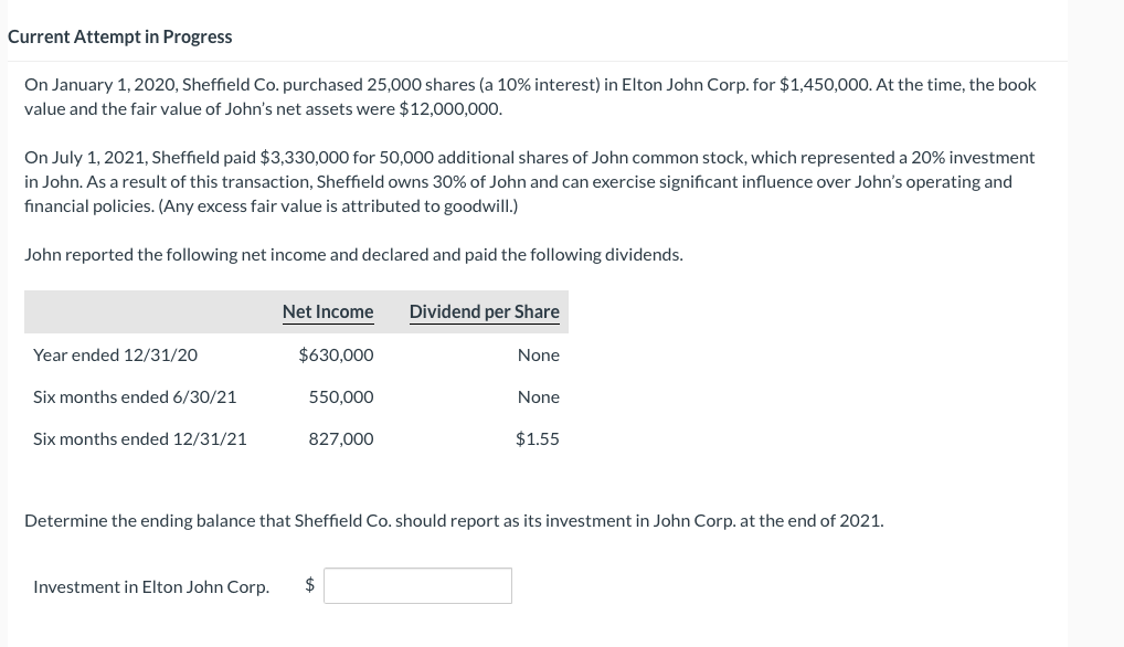  Current Attempt in Progress On January 1,2020, Sheffield Co. purchased 25,000