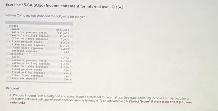  Exercise 15-6A (Algo) Income statement for internal use LO 153 Vernon