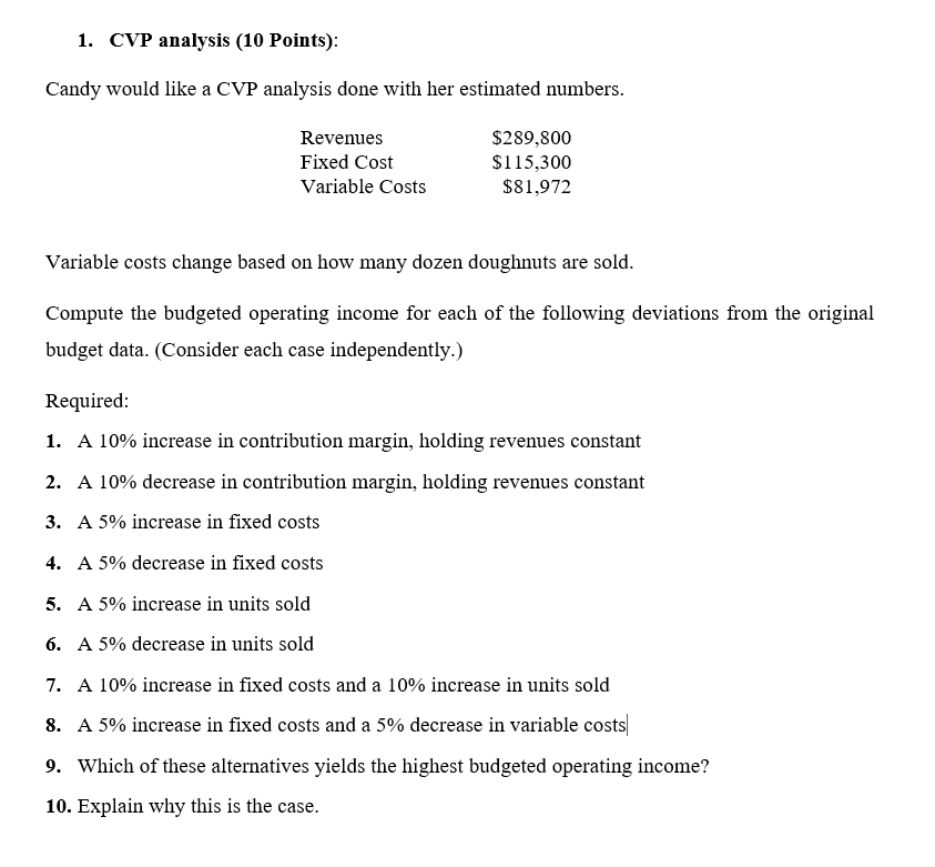  1. CVP analysis (10 Points): Candy would like a CVP analysis