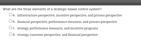  What are the three elements of a strategic-based control system? Oa.