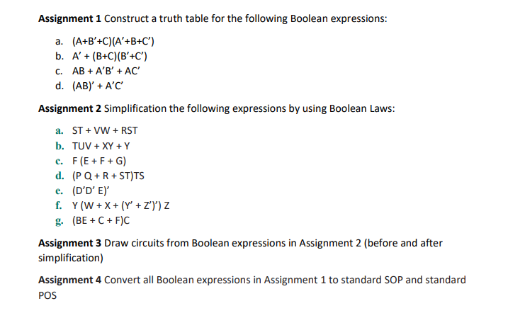  Assignment 1 Construct a truth table for the following Boolean expressions: