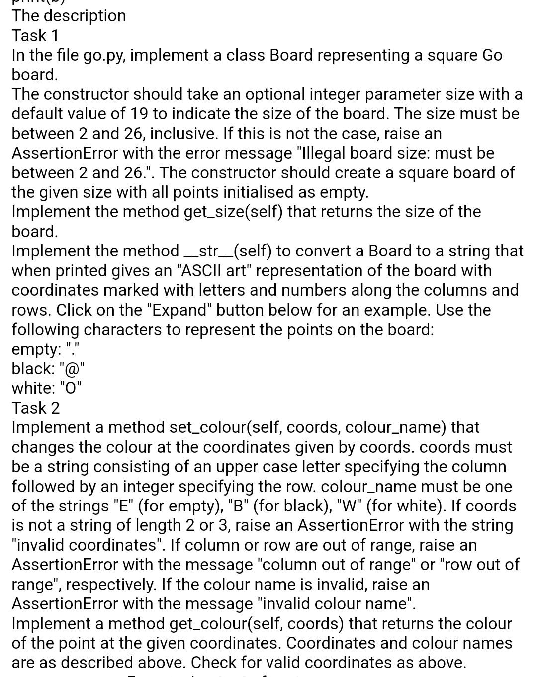 in python. the exercise description and expected output of the test cases
