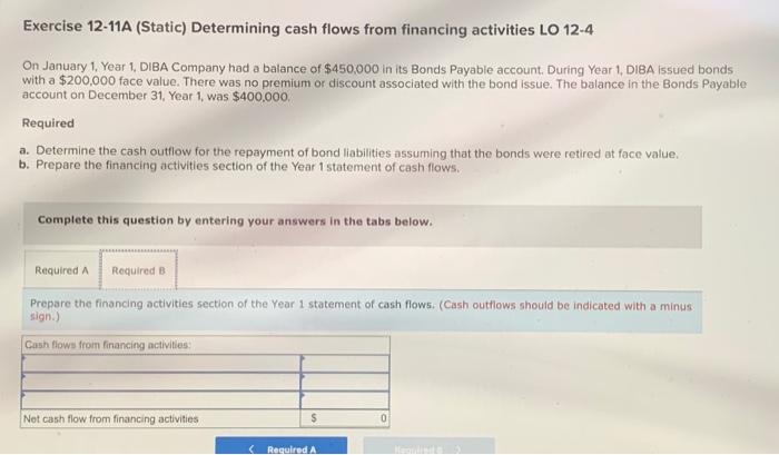help required A&B Exercise 12-11A (Static) Determining cash flows from financing activities