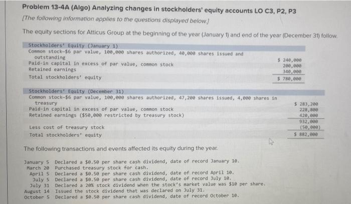  Problem 13-4A (Algo) Analyzing changes in stockholders' equity accounts LO C3,