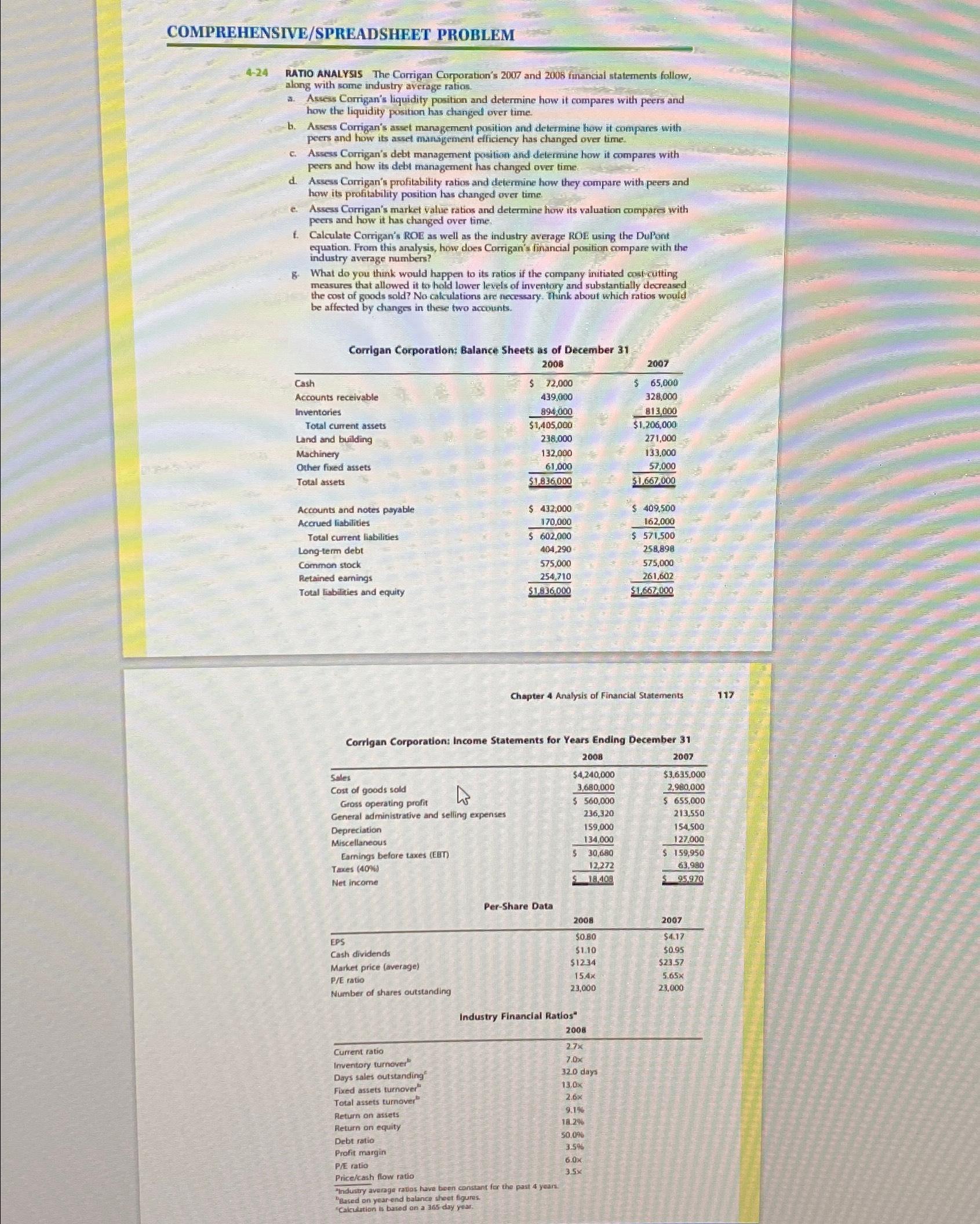  COMPREHENSIVE/SPREADSHEET PROBLEM 4-24 RATIO ANALYsis The Corrigan Corporation's 2007 and 2008