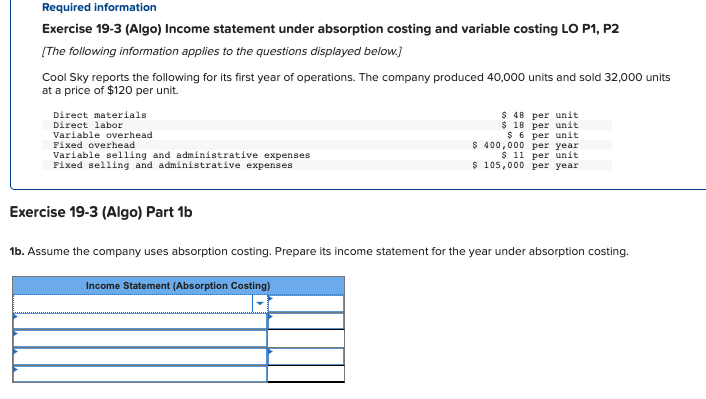  Exercise 19-3 (Algo) Income statement under absorption costing and variable costing