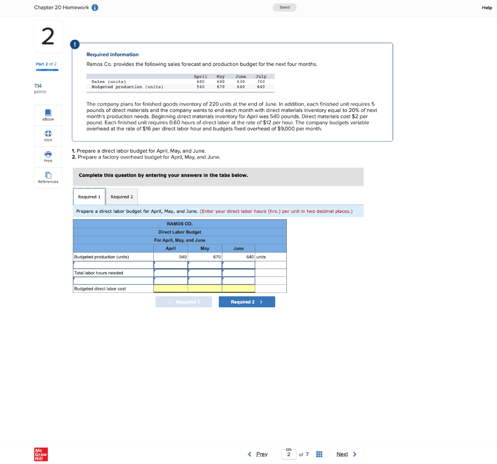  Chapter 20 Homework a Saved Help N O Required information Ramos