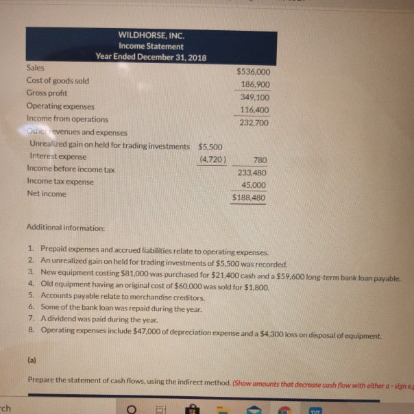 financial position for Wildhorse, Inc. follow: WILDHORSE, INC. Statement of Financial Position