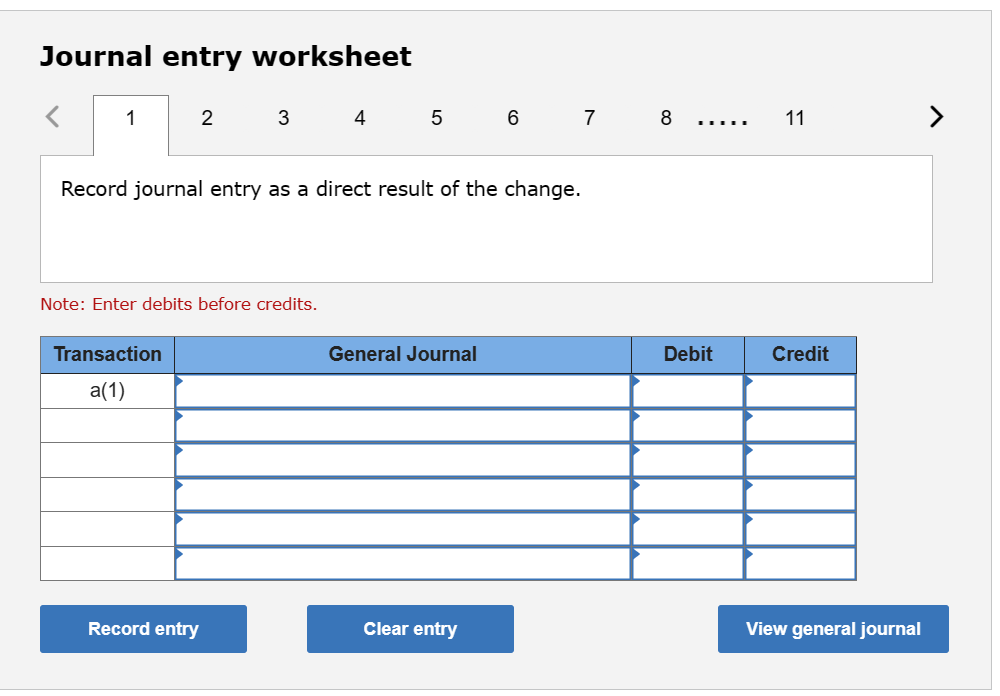 worksheet Record journal entry as a direct result of the change. Note:
