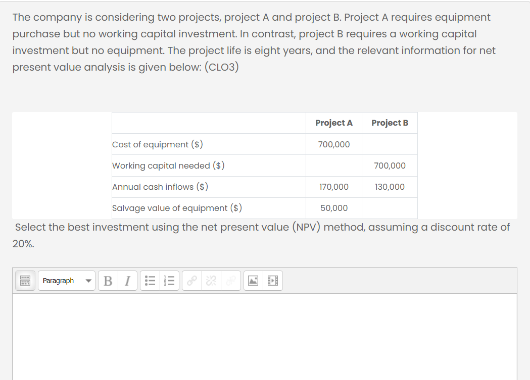  The company is considering two projects, project A and project B.