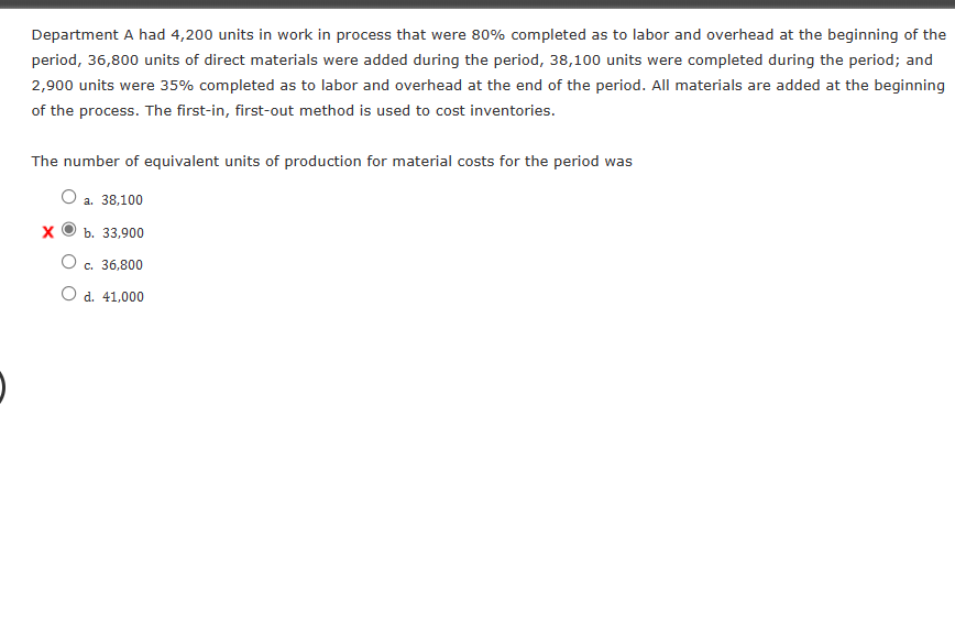 Department A had 4,200 units in work in process that were