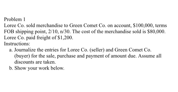  Problem 1 Loree Co. sold merchandise to Green Comet Co. on