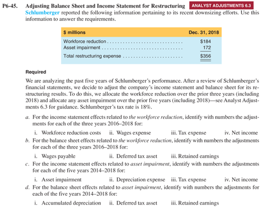  P6-45. Adjusting Balance Sheet and Income Statement for Restructuring ANALYST ADJUSTMENTS