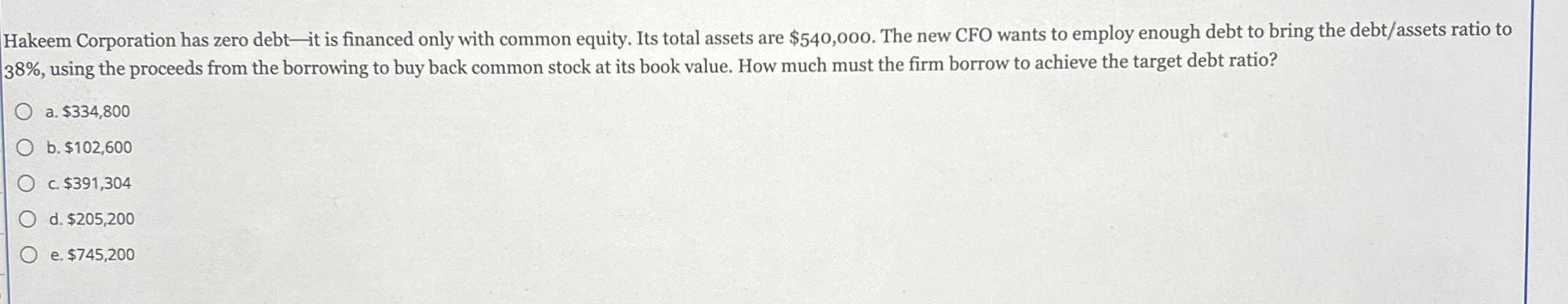  Hakeem Corporation has zero debt-it is financed only with common equity.