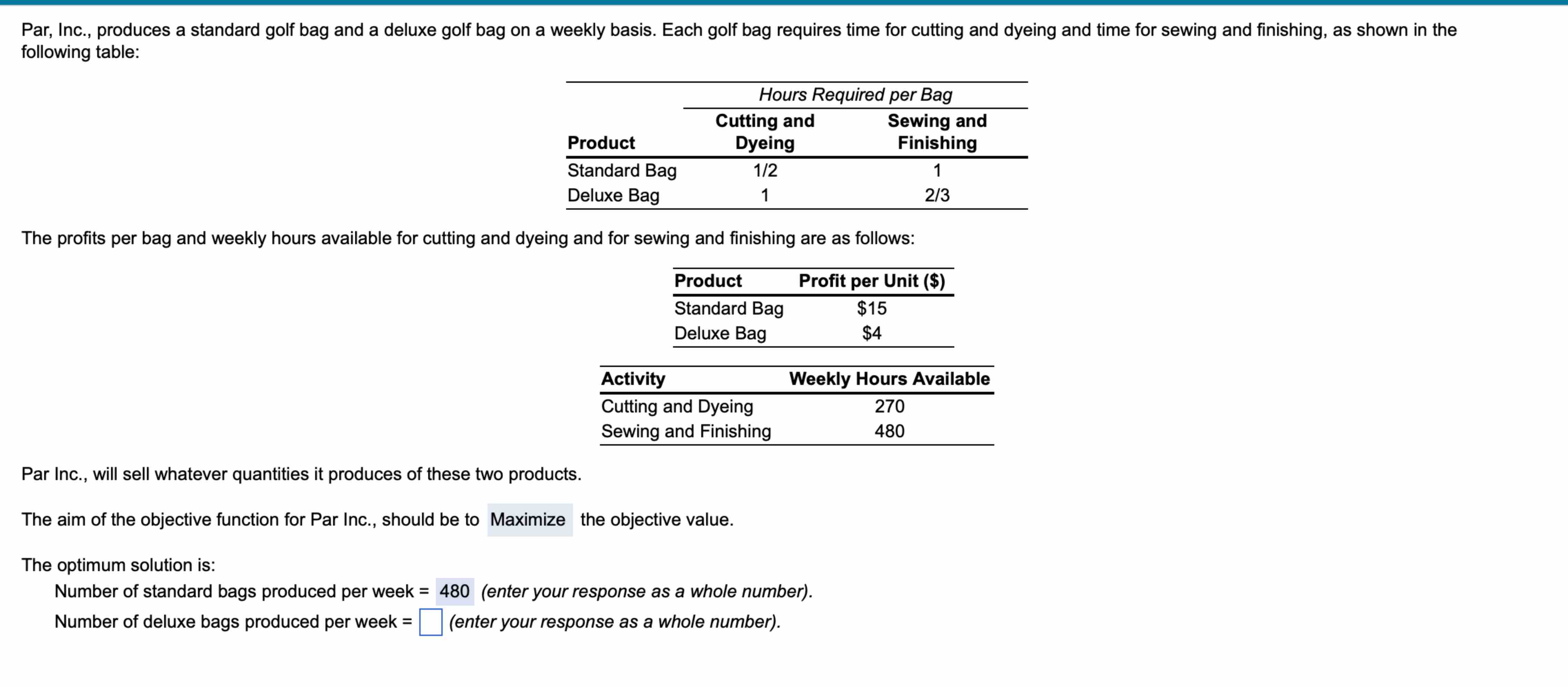  following table: The profits per bag and weekly hours available for