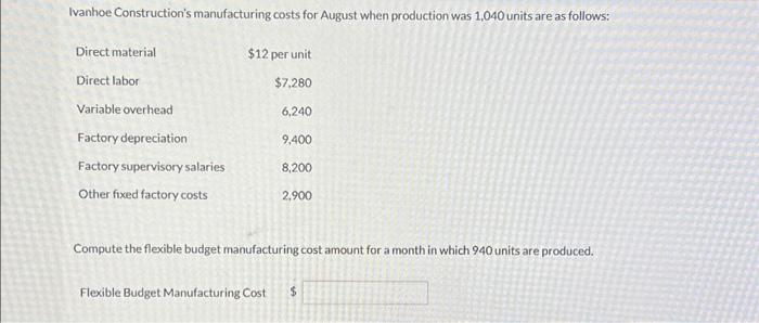  Ivanhoe Construction's manufacturing costs for August when production was 1,040 units