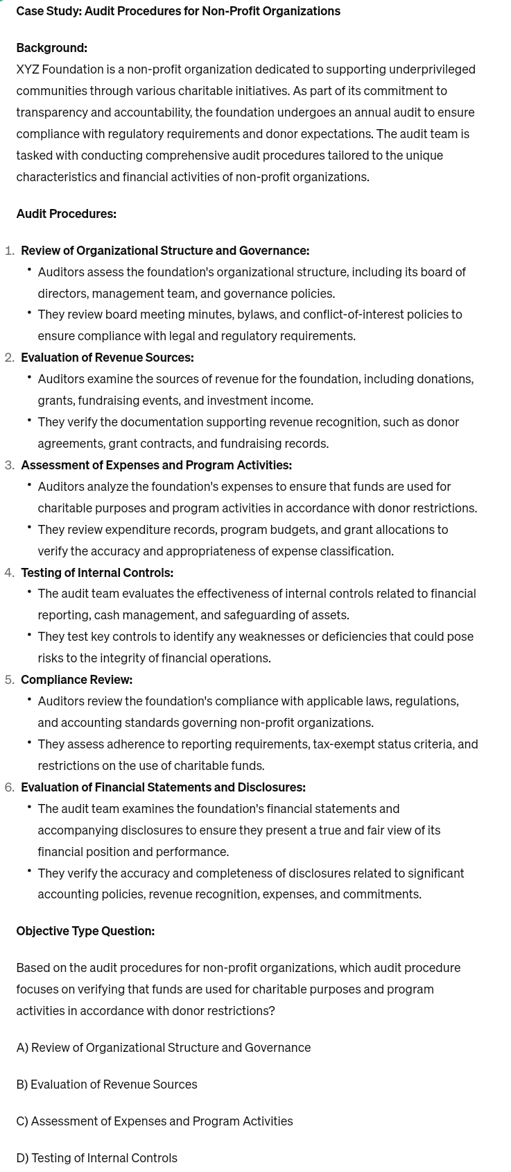  Case Study: Audit Procedures for Non-Profit Organizations Background: xYZ Foundation is