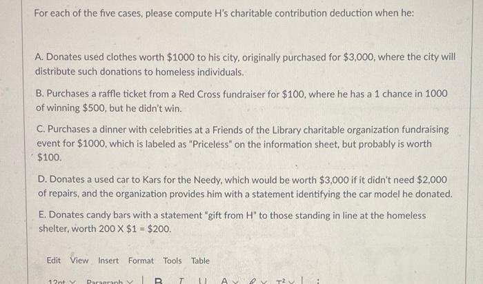  For each of the five cases, please compute H's charitable contribution