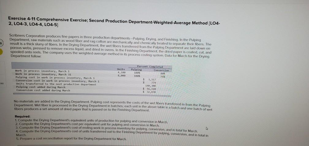 Exercise 4-11 Comprehensive Exercise; Second Production Department-Weighted-Average Method (L04- 2, LO4-3,