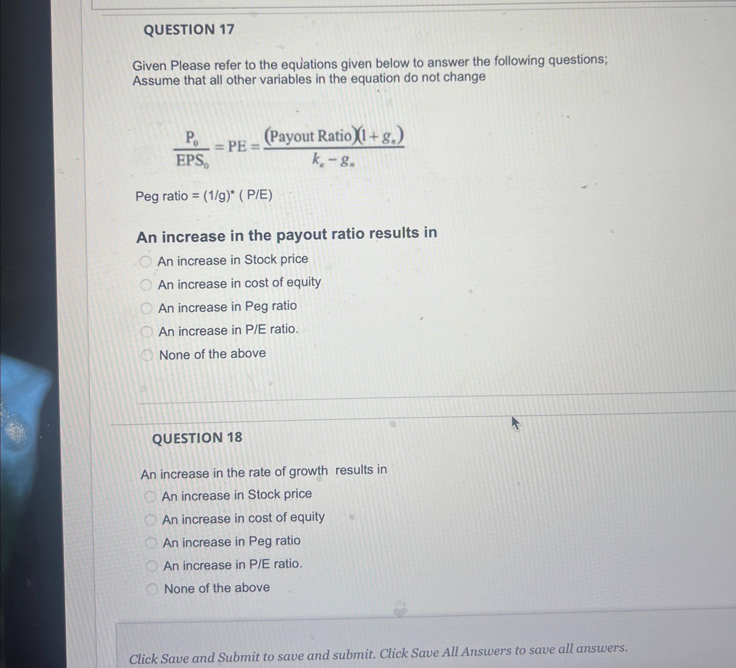  QUESTION 17 Given Please refer to the equations given below to