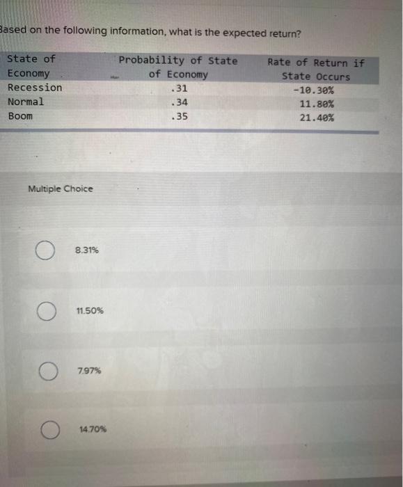  Based on the following information, what is the expected return? State
