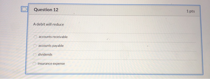  Question 12 1 pts A debit will reduce accounts receivable accounts