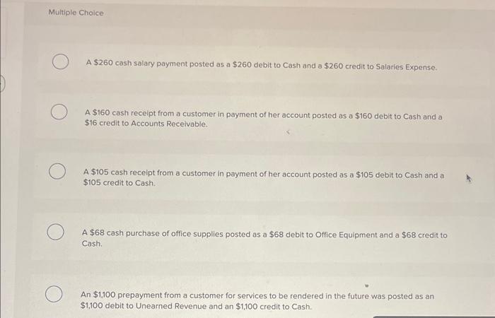 of balance. Multiple Choice A $260 cash salary payment posted as a