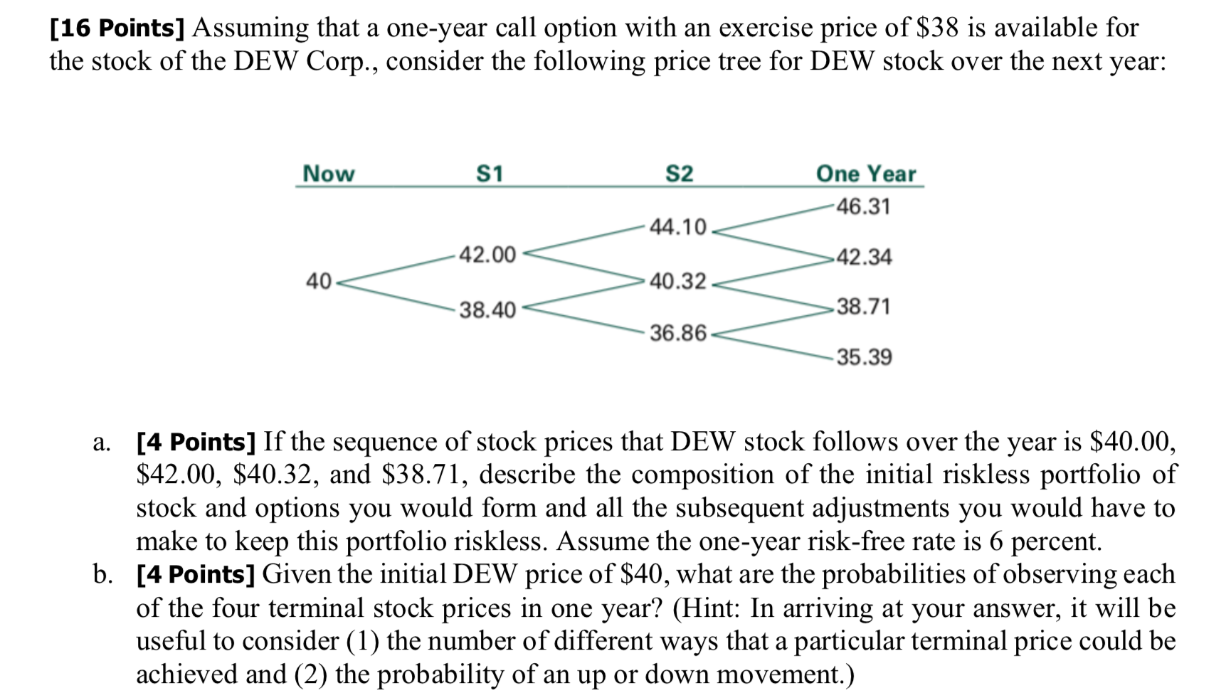 [16 Points] Assuming that a one-year call option with an exercise