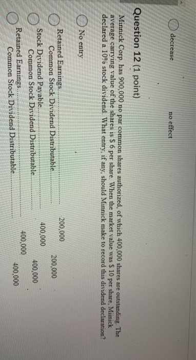  decrease no effect Question 12 (1 point) Minnick Corp. has 900,000