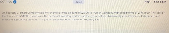  CCT 1100 Saved Help Save & Exit On February 3, Smart