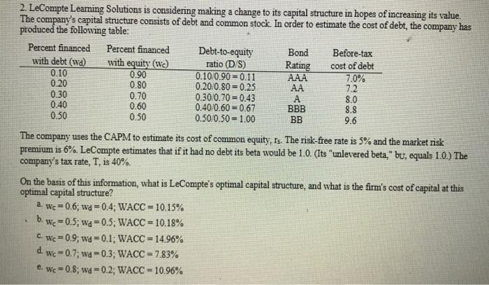  0.60 9.6 2. LeCompte Learning Solutions is considering making a change
