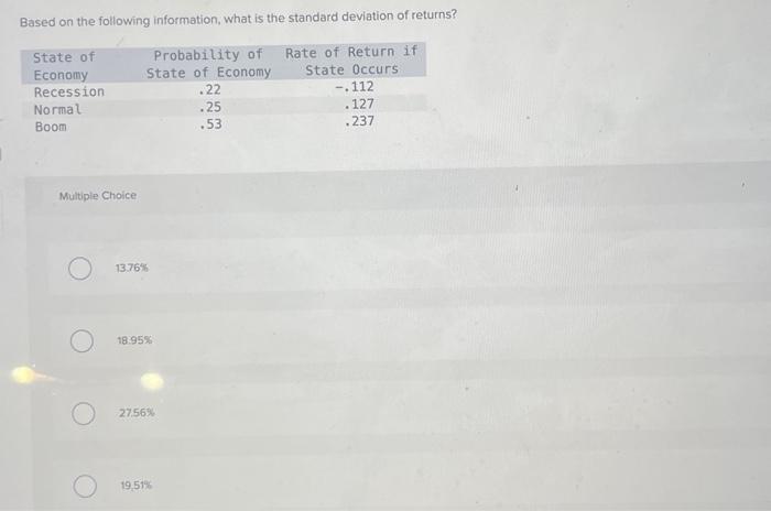  Based on the following information, what is the standard deviation of