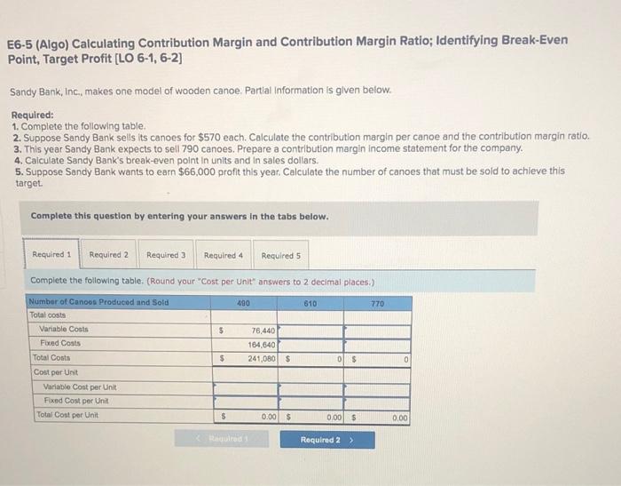  E6-5 (Algo) Calculating Contribution Margin and Contribution Margin Ratio; Identifying Break-Even