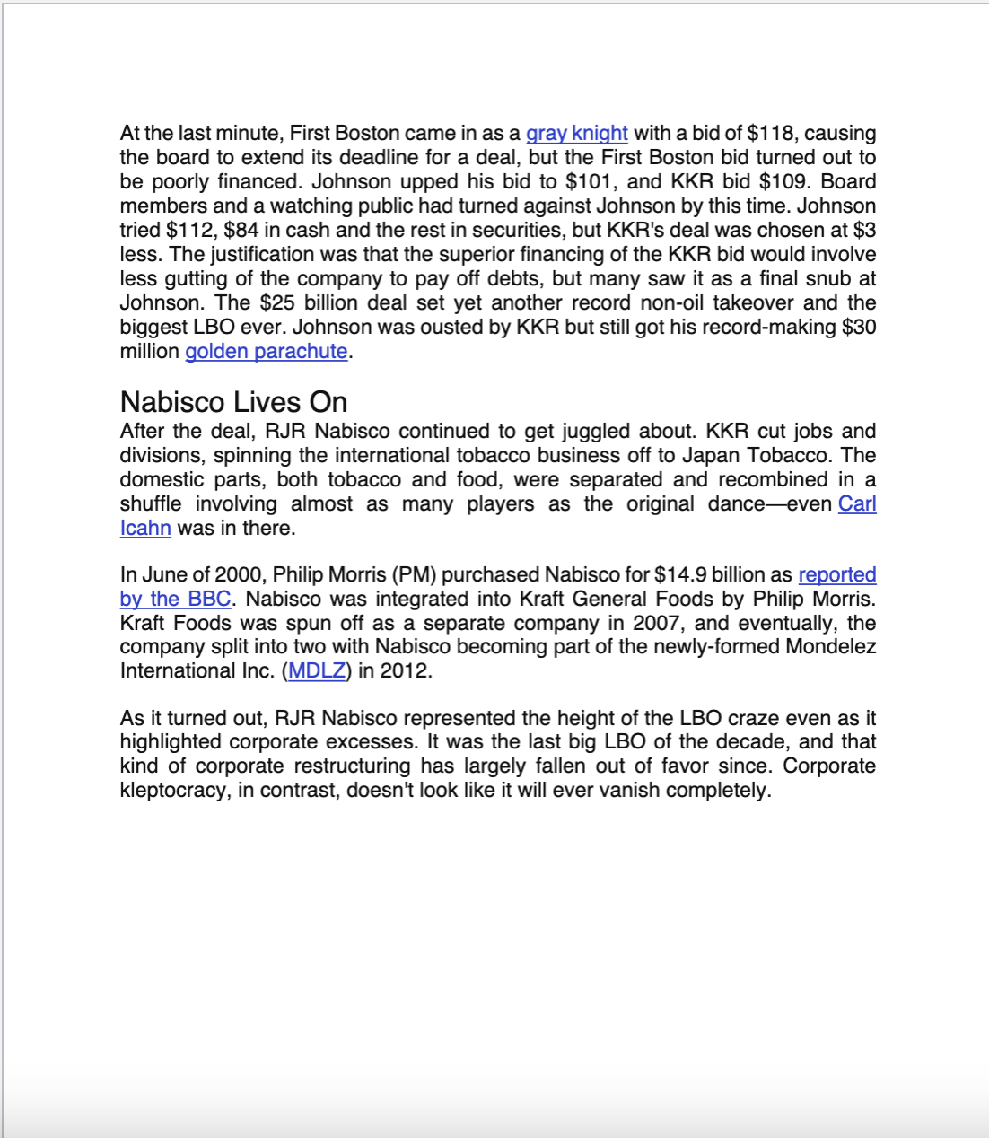 it impact both Nabisco and the broader corporate landscape at the time?