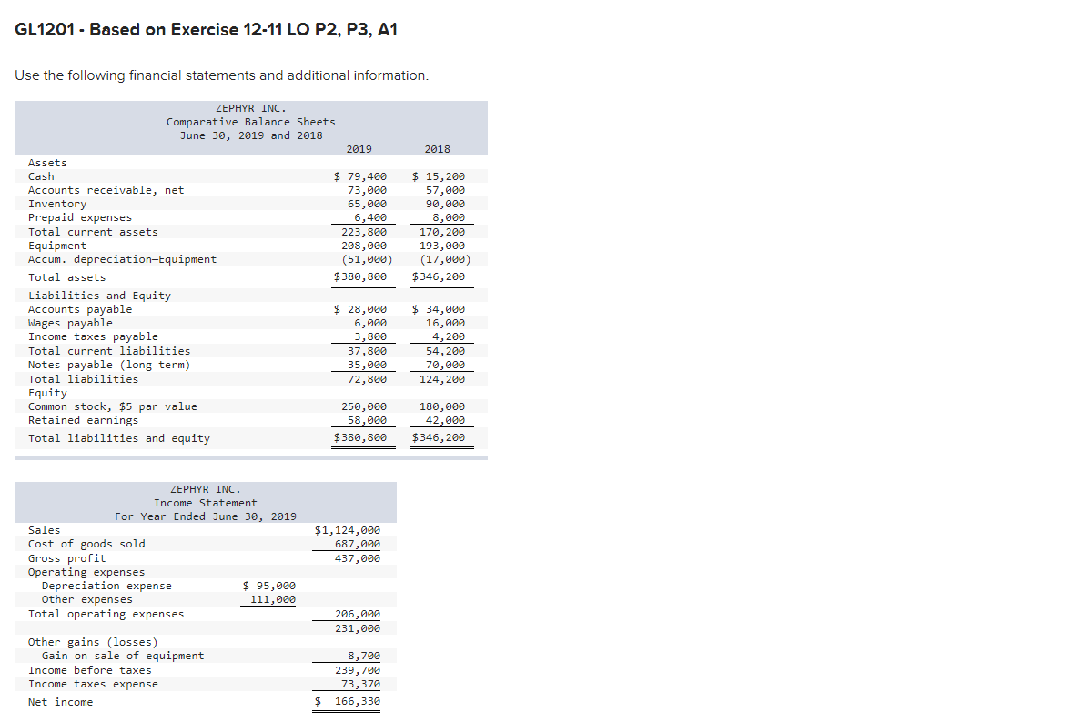  Help GL1201 - Based on Exercise 12-11 LO P2, P3, A1