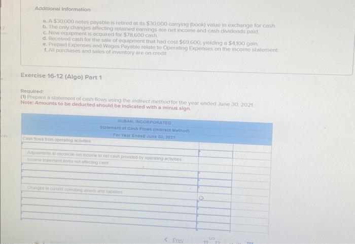 information Exercise 16-12 (Algo) Indirect: Preparing statement of cash flows LO P2,
